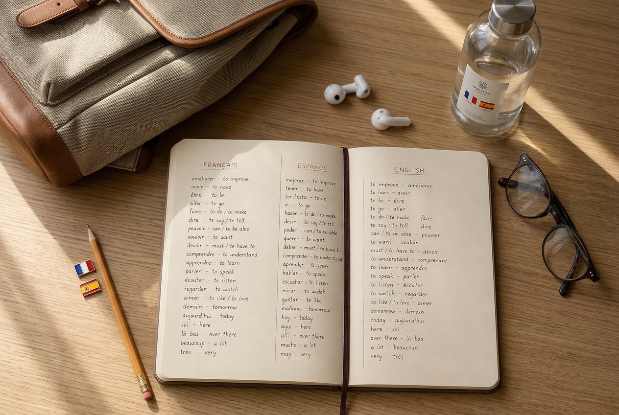 A student's study space with a backpack, pencil, water bottle, glasses and a notebook showing French, Spanish and English vocabulary on a wooden desk